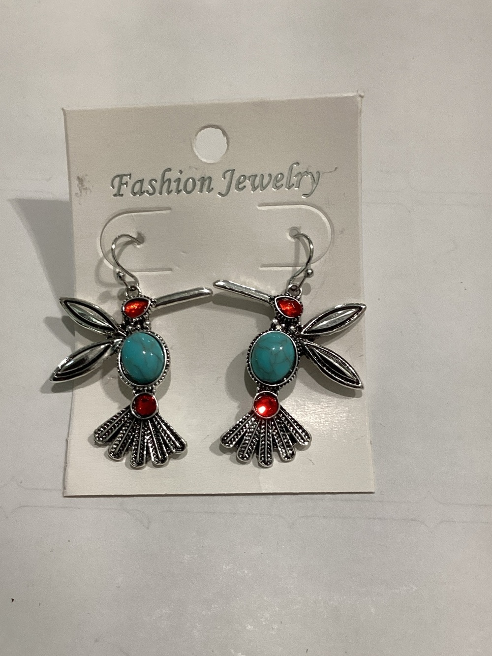 Fashion Jewelry Turquoise and Red Hummingbird Dangle Earrings